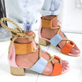 Women's suede sandals with colour-matched thick heel and round toe front strap design