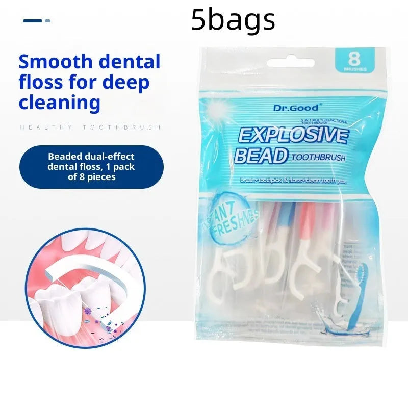 Disposable portable soft-bristle floss bead toothbrush in adult size with English packaging, 8-piece pack