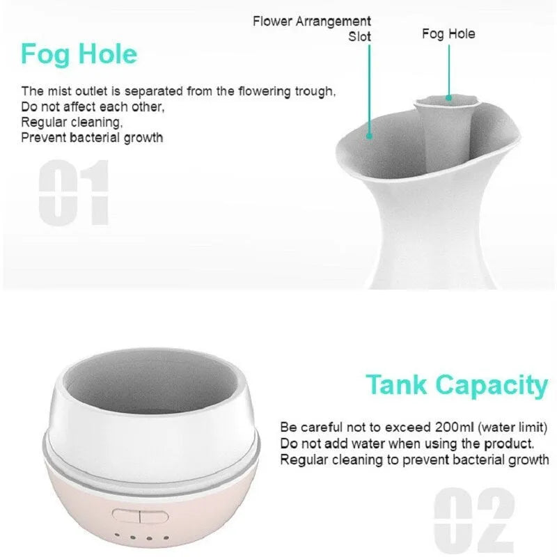 White or pink ultrasonic aromatherapy vase with colourful night light and 200ml water capacity