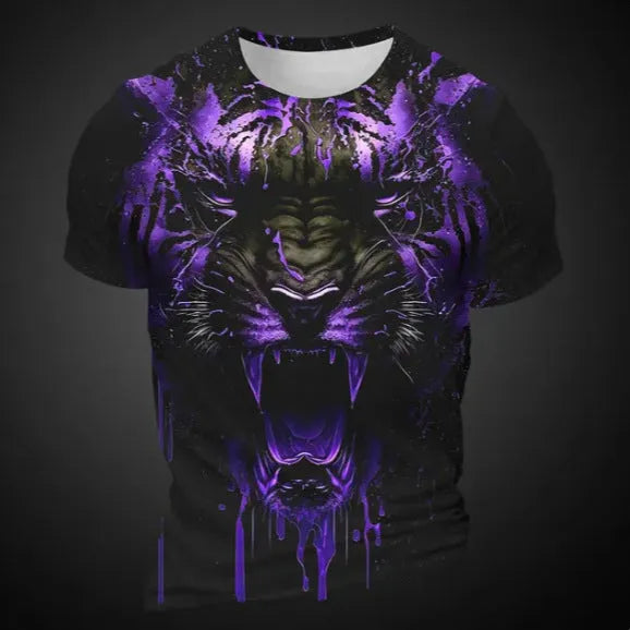 Men's grey t-shirt featuring a large, realistic 3D tiger head print on the chest.