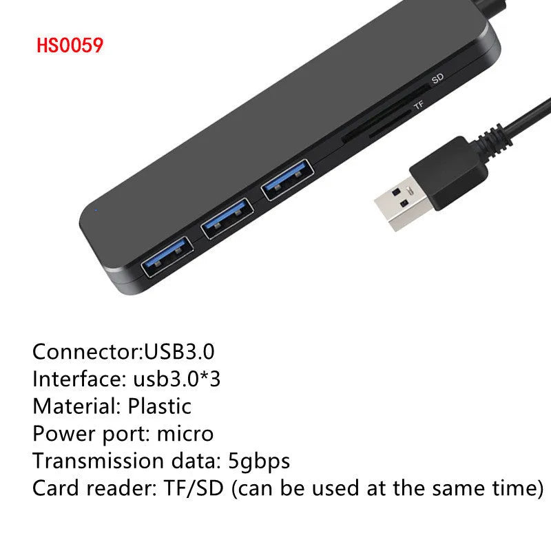 USB 3.0 hub with 4 ports, LED indicators, and 30cm cable for high-speed data transfer