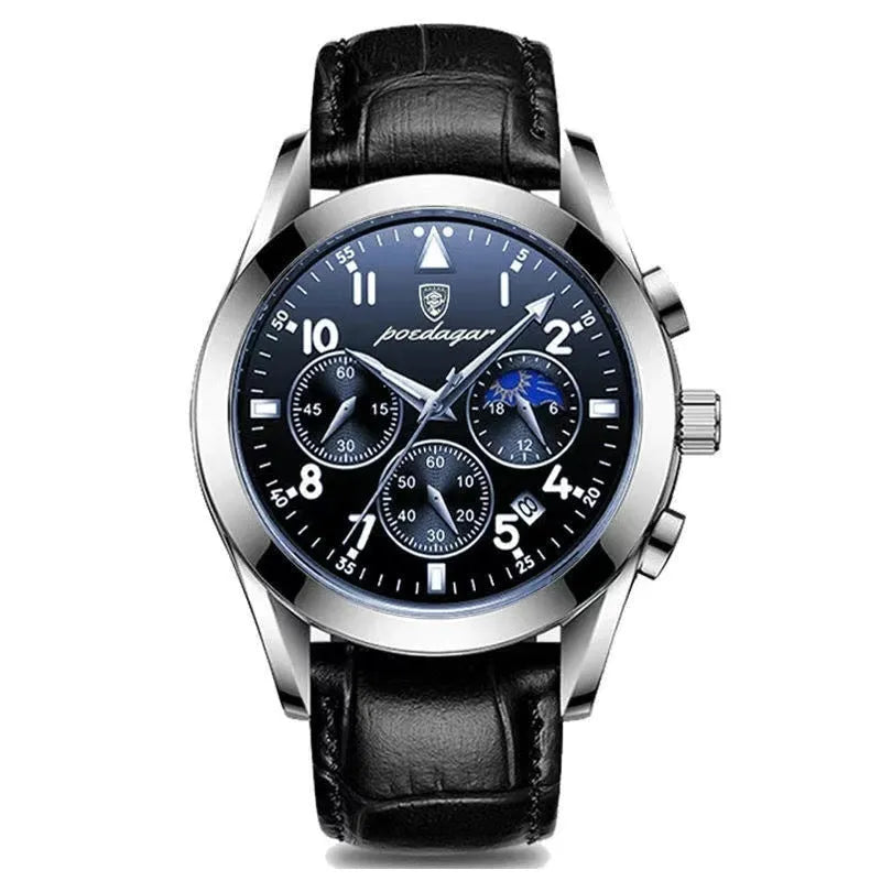 Men's multifunction quartz watch with luminous hands moon phase chronograph 41mm dial 50m waterproof screw crown stainless steel buckle