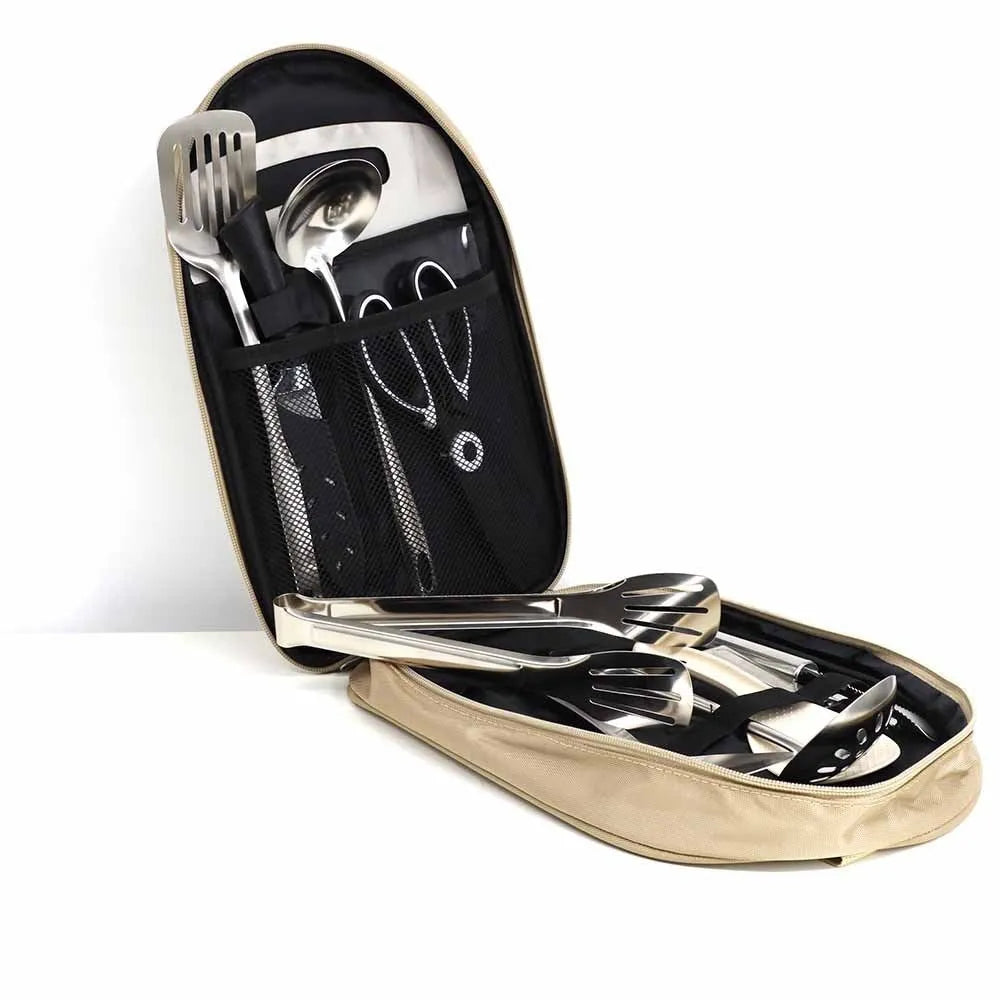 Portable picnic kitchenware storage bag containing 12 pieces of stainless steel cutlery and utensils.