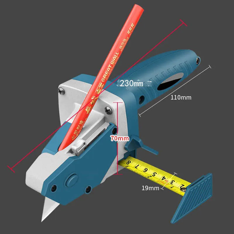 Blue multifunctional woodworking cutter with aluminium alloy body and one-press lock.