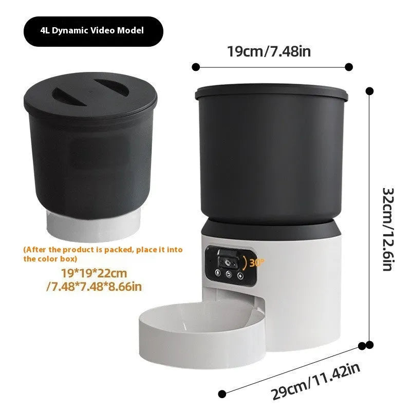 4-litre smart pet feeder with control panel, showing optional stainless steel bowl and camera unit.