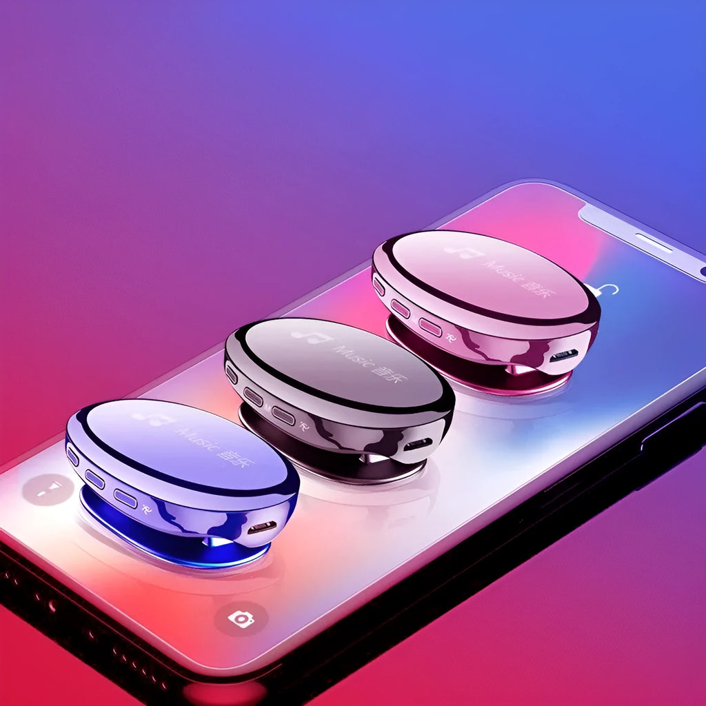 Bluetooth MP4 music player in blue, black, or rose gold with OLED display showing track info.
