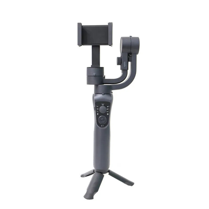 Black three-axis handheld gimbal stabiliser for mobile phones with tripod accessory