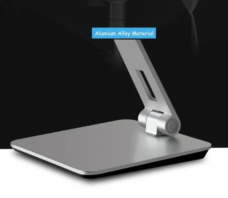 Folding aluminium phone and tablet stand with 360-degree rotation in silver colour