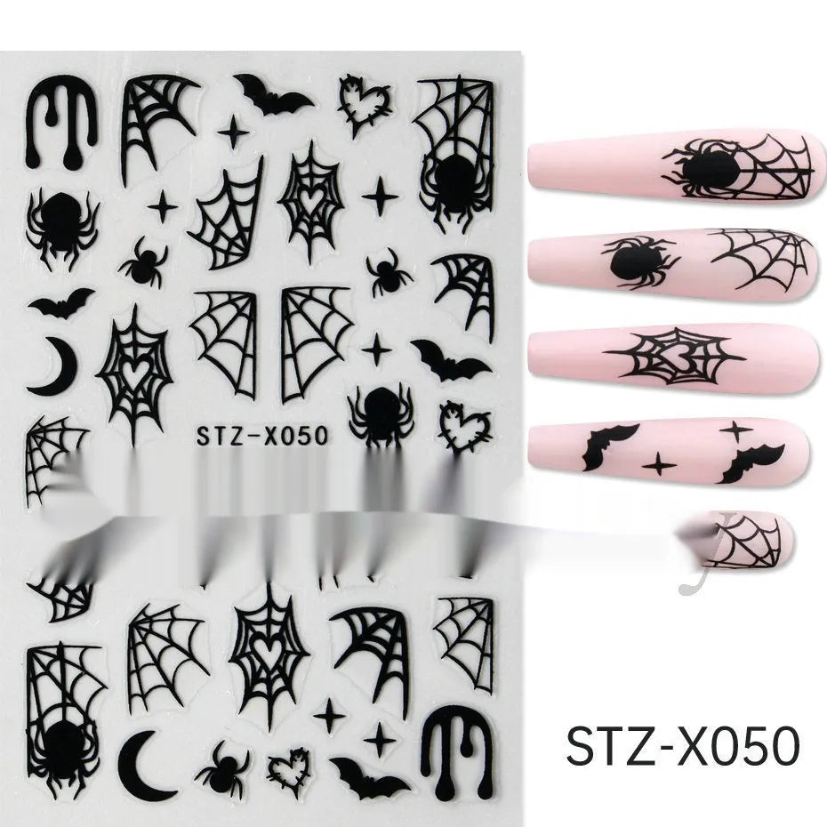 Set of 60 black and silver cartoon pattern nail strip stickers with plastic application patch.