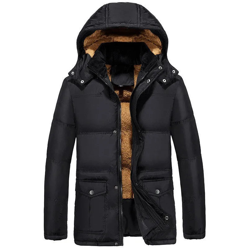 Men's black hooded double-breasted velvet padded jacket for winter sports