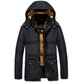 Men's black hooded double-breasted velvet padded jacket for winter sports