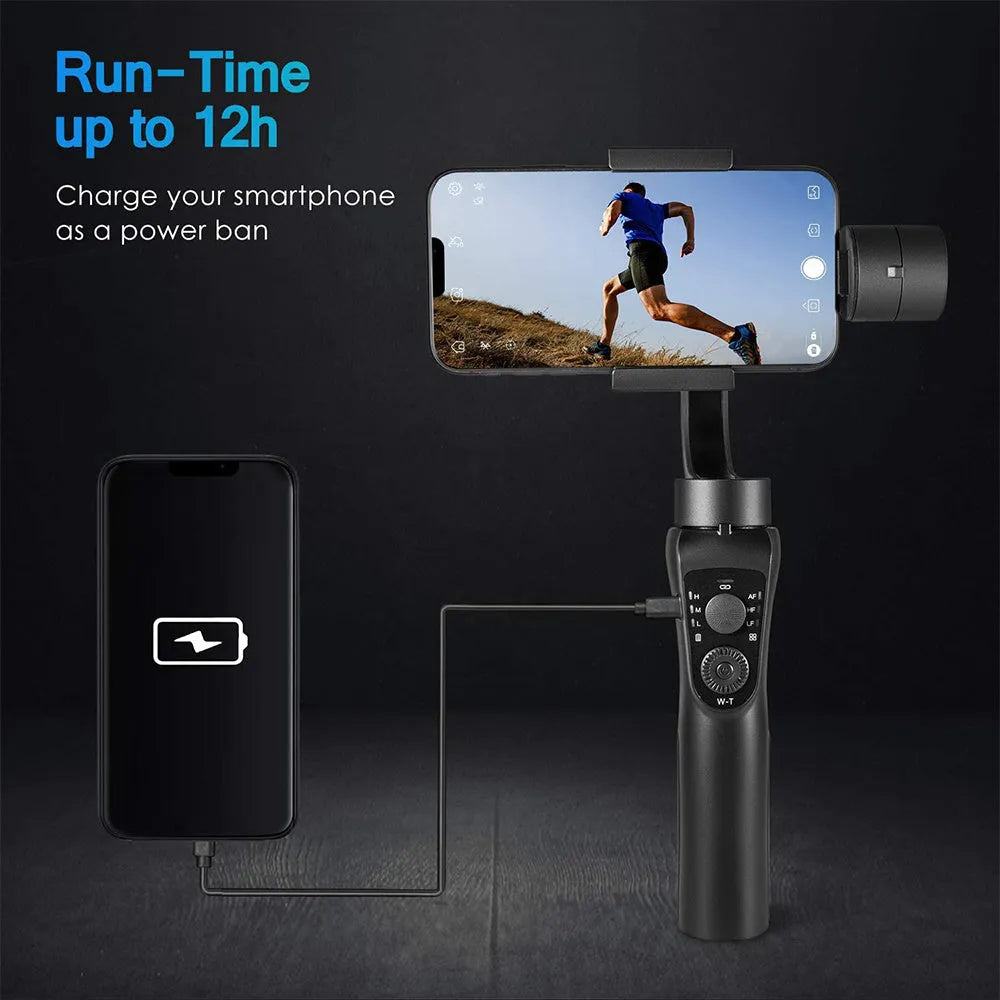 Black three-axis handheld gimbal stabiliser for mobile phones with tripod accessory