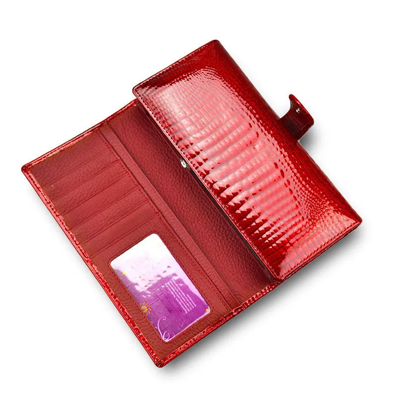 Women's genuine leather coin purse with patent leather crocodile pattern in red colour