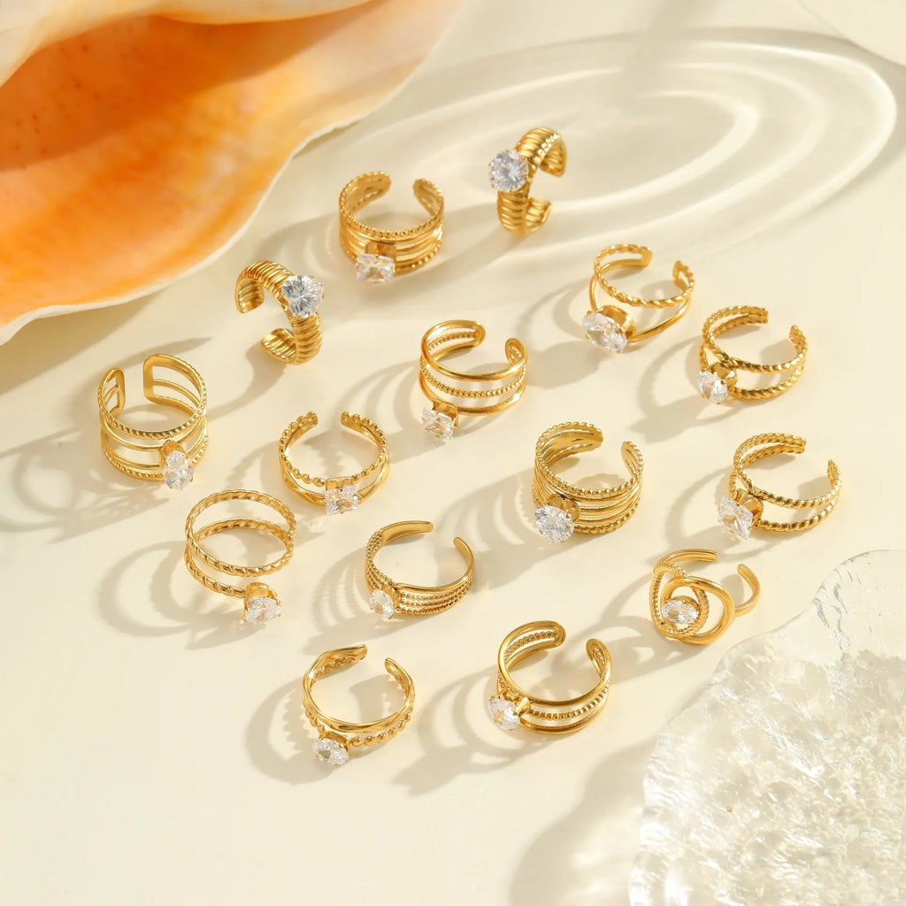 Gold electroplated stainless steel women's ring with geometric heart design and adjustable open mouth