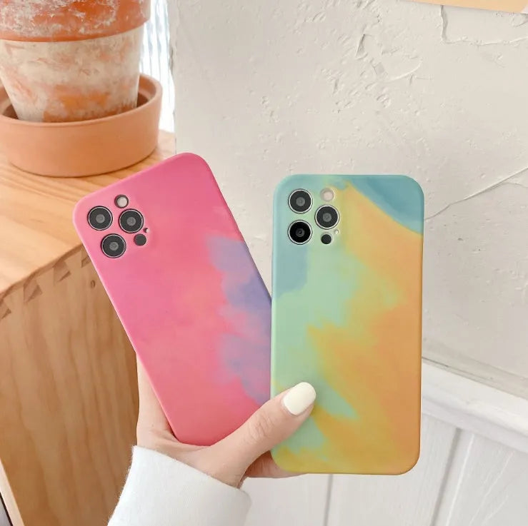 Soft silicone iPhone case with gradient abstract geometry pattern in blue, green, pink or purple colour options