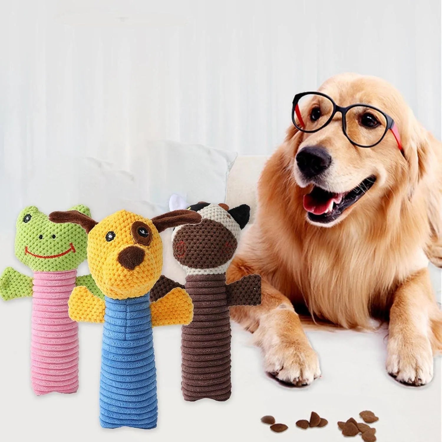 Dog squeaky chew toy shaped like a stuffed animal for dental cleaning and teething.