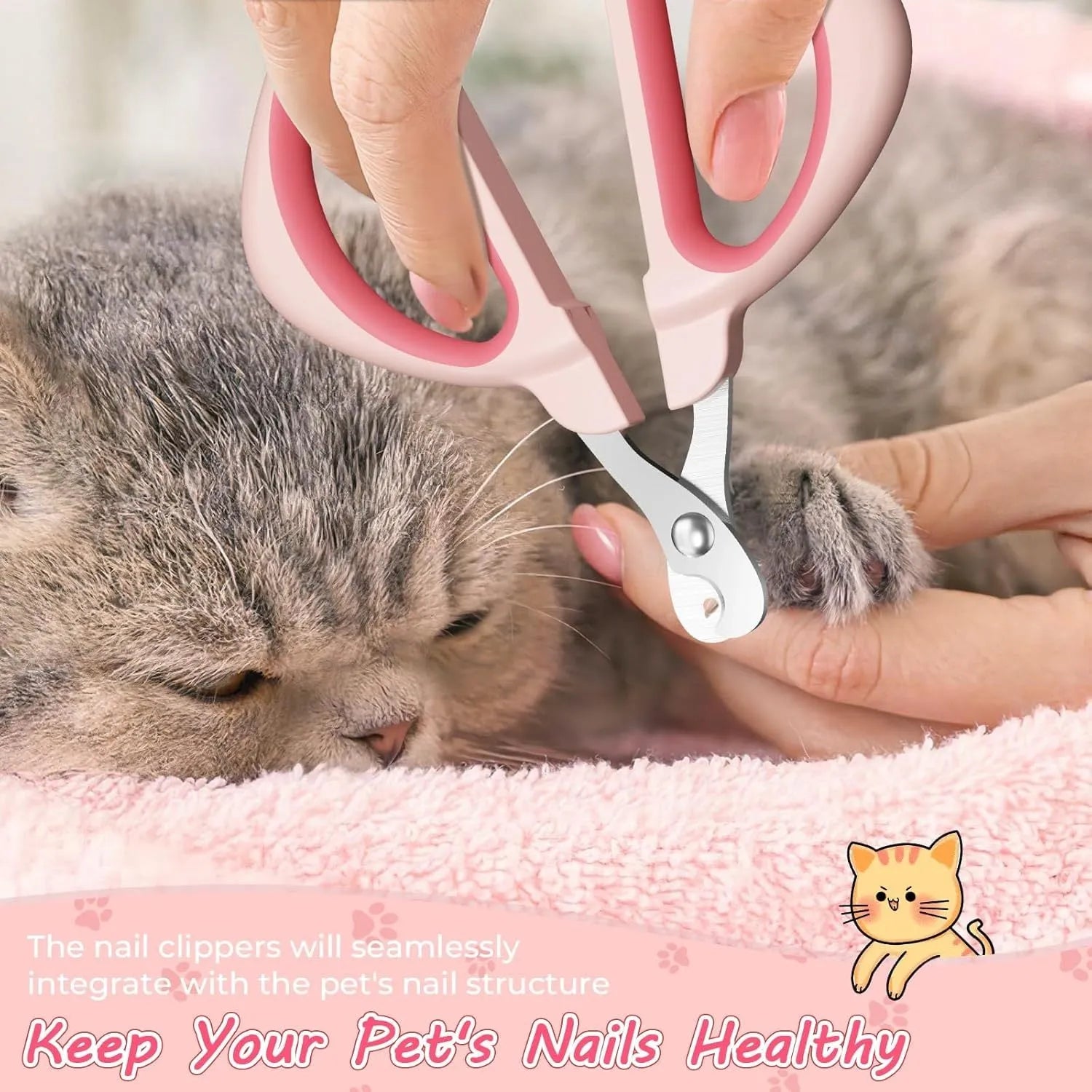 Cat nail clipper with positioning round hole and non-slip handle in blue and pink colours
