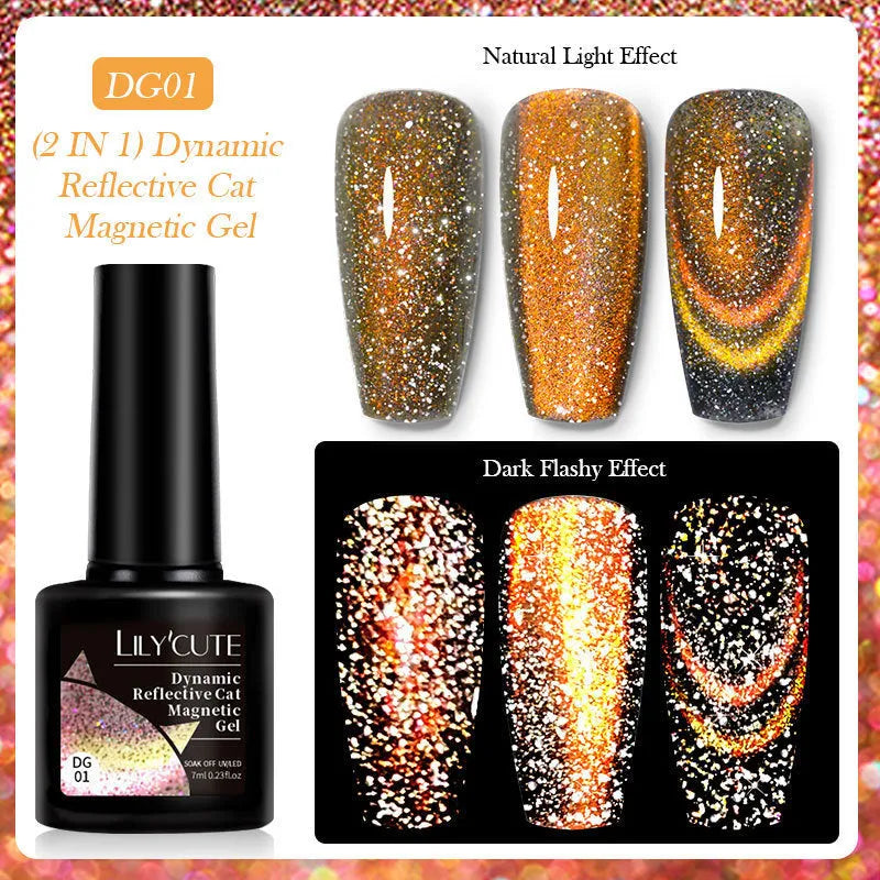 Cat eye effect nail polish gel with glitter and diamond fragments in six colour options