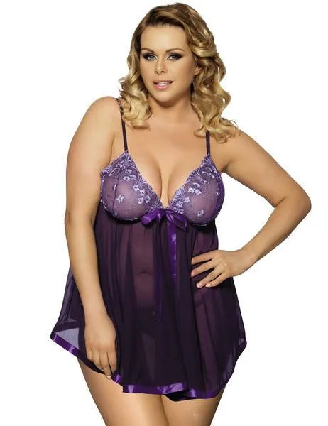 Women's purple lace sleepdress with mesh detailing in plus-size lingerie