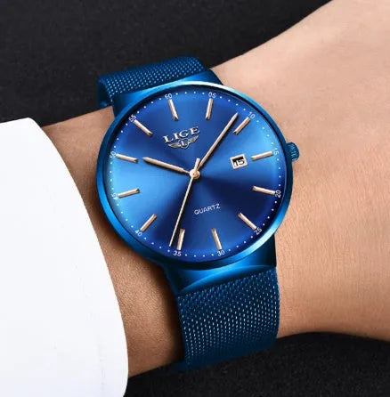 Men's stainless steel watch with 40mm case on adjustable strap in black, blue, or two-tone colour