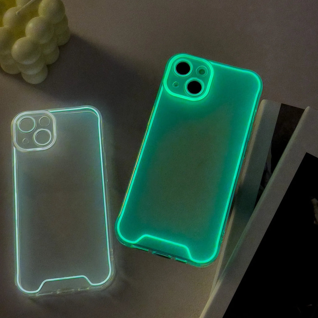 Glow in the dark Christmas phone case for iPhone in blue, green, orange, pink, and yellow colours.