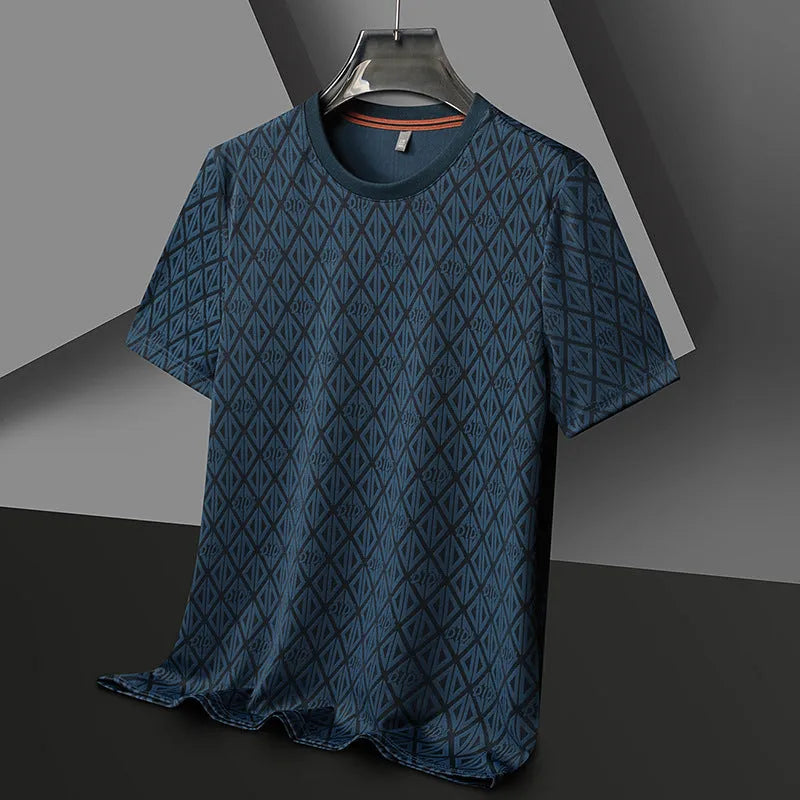 Men's black jacquard pattern short sleeve T-shirt with round neck and loose fit casual design