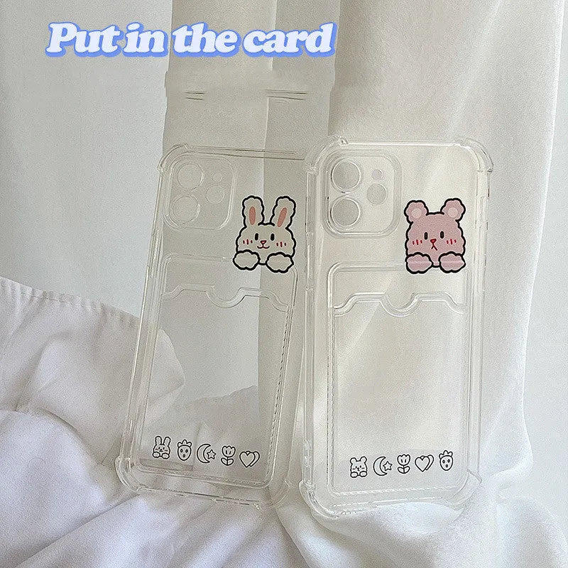 Transparent cartoon design TPU phone case with card holder for iPhone models