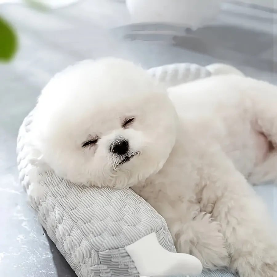 Blue monster design non-slip pet cooling bed for large dogs on a wooden floor.