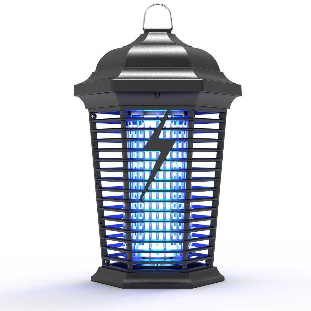 Black outdoor mosquito catcher lamp with UV light and electric grid for garden use