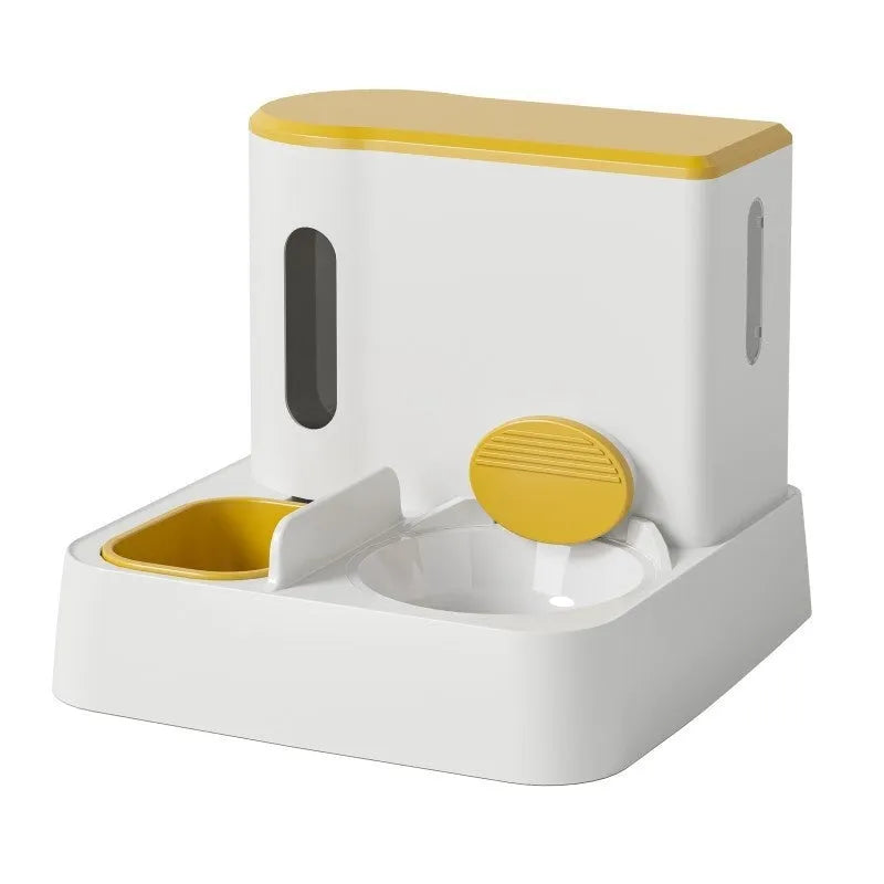 Grey automatic cat feeder with integrated water dispenser and double bowl design