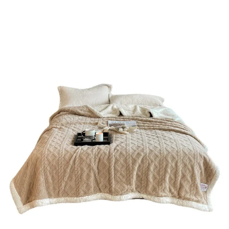 Thermal flannel blanket in thickening taffeta construction showing colour options including tea green and fog blue