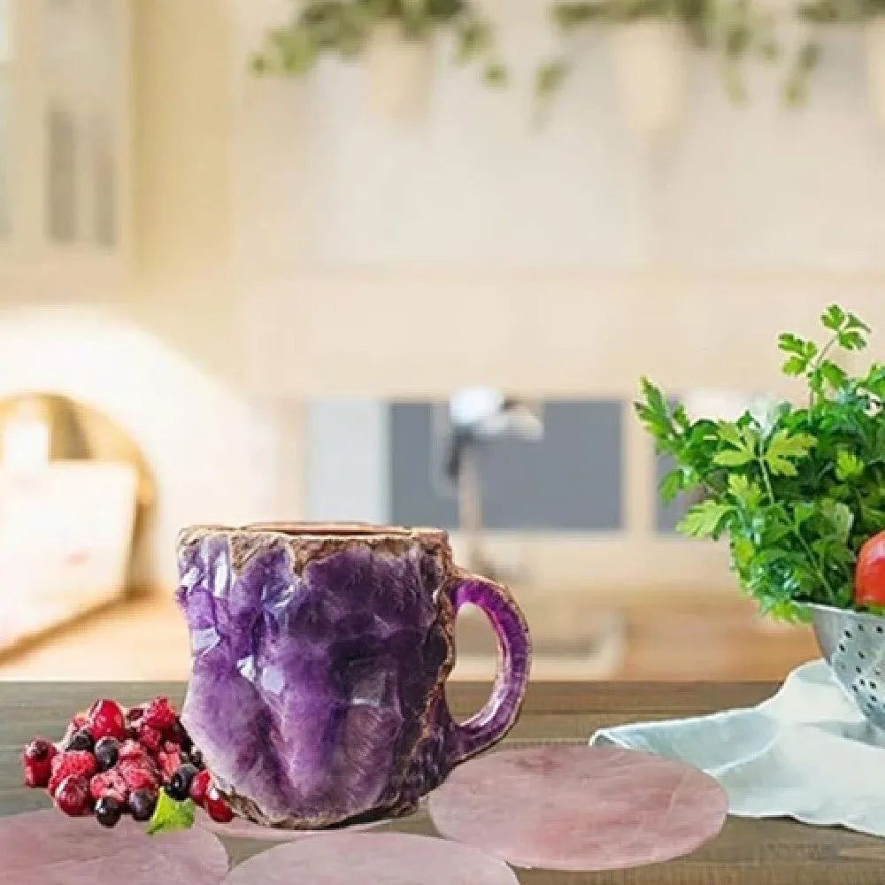 Purple and blue resin coffee mug with crystal texture and handle on wooden table