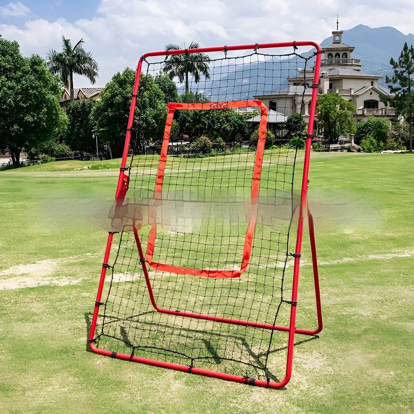 Red portable baseball training net with adjustable metal frame shown at 4x6 foot size