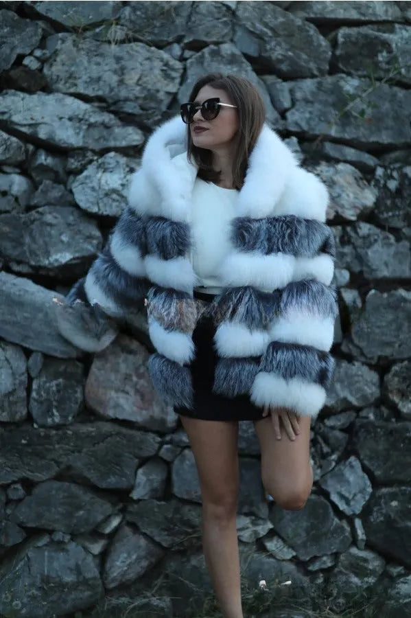 Women's loose faux fur hooded coat in street fashion style with 65cm length