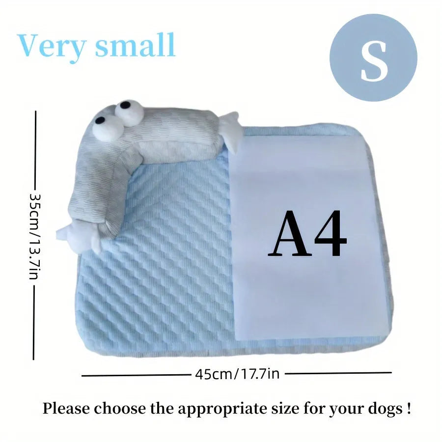 Blue monster design non-slip pet cooling bed for large dogs on a wooden floor.