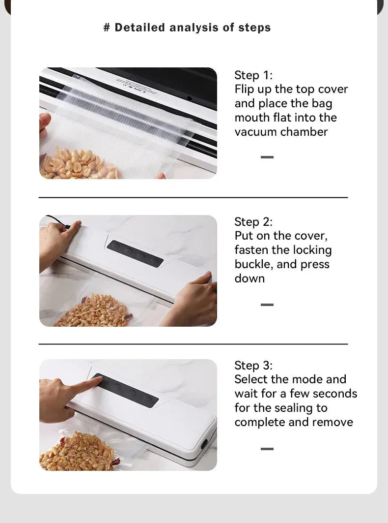 White automatic vacuum sealer machine with compact design for household food preservation