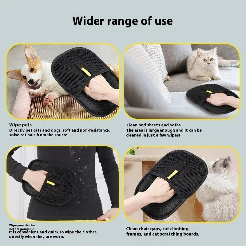 Black pet hair remover glove with dual-sided silicone bristles for grooming dogs and cats.