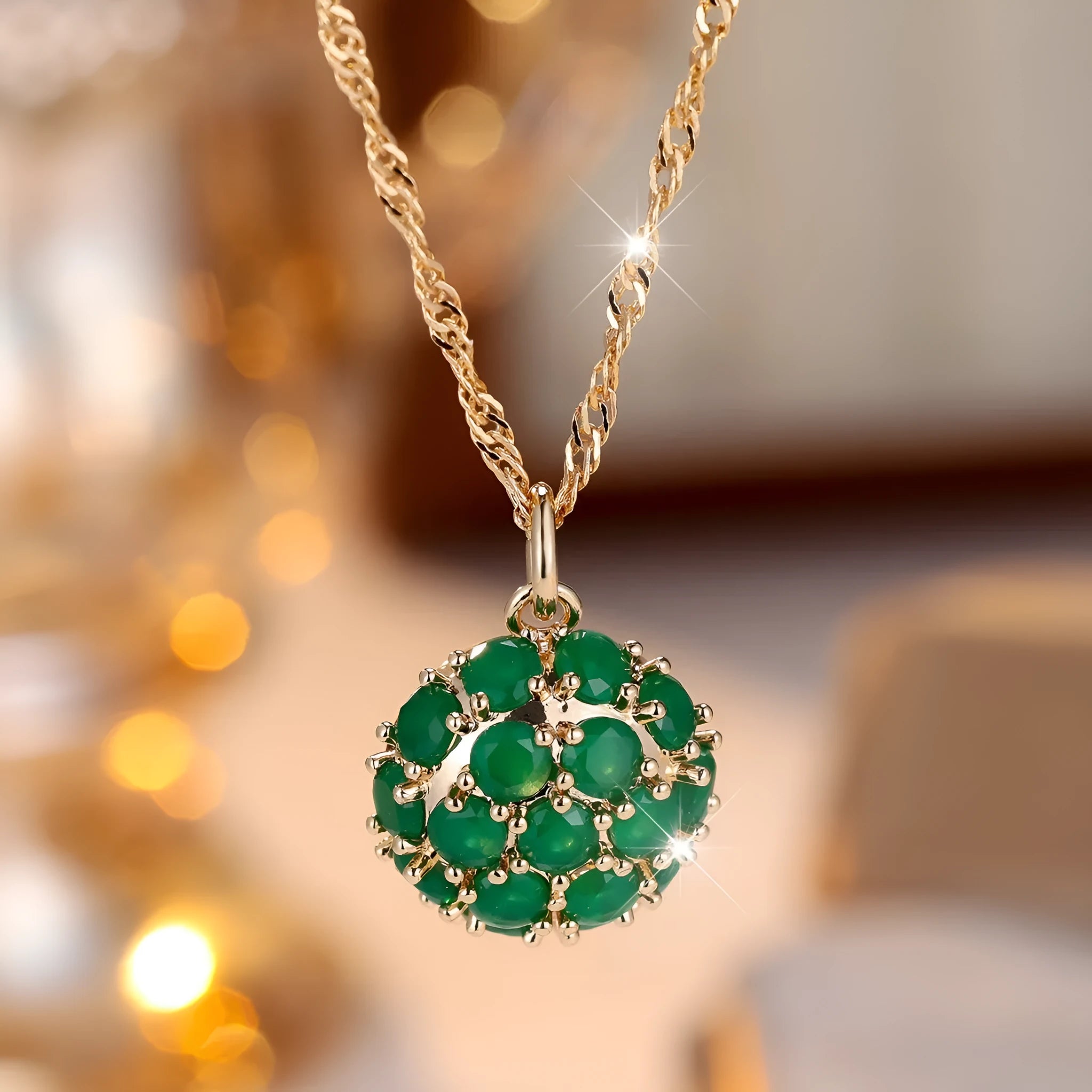 Round emerald and diamond necklace with champagne gold chain 51-60cm length