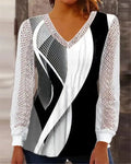 Purple loose V-neck women's top with long sleeves and a hollow-out lace print pattern.