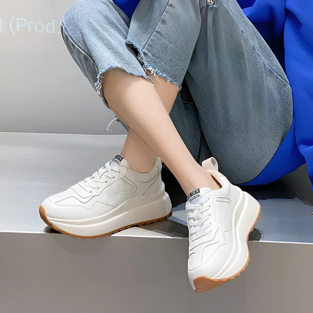 Beige women's low-top leather sports shoes with cross strap and English muffin heel