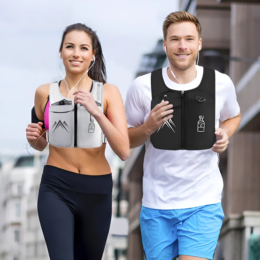 Running vest with integrated phone pouch in breathable mesh fabric, shown in classic black colour
