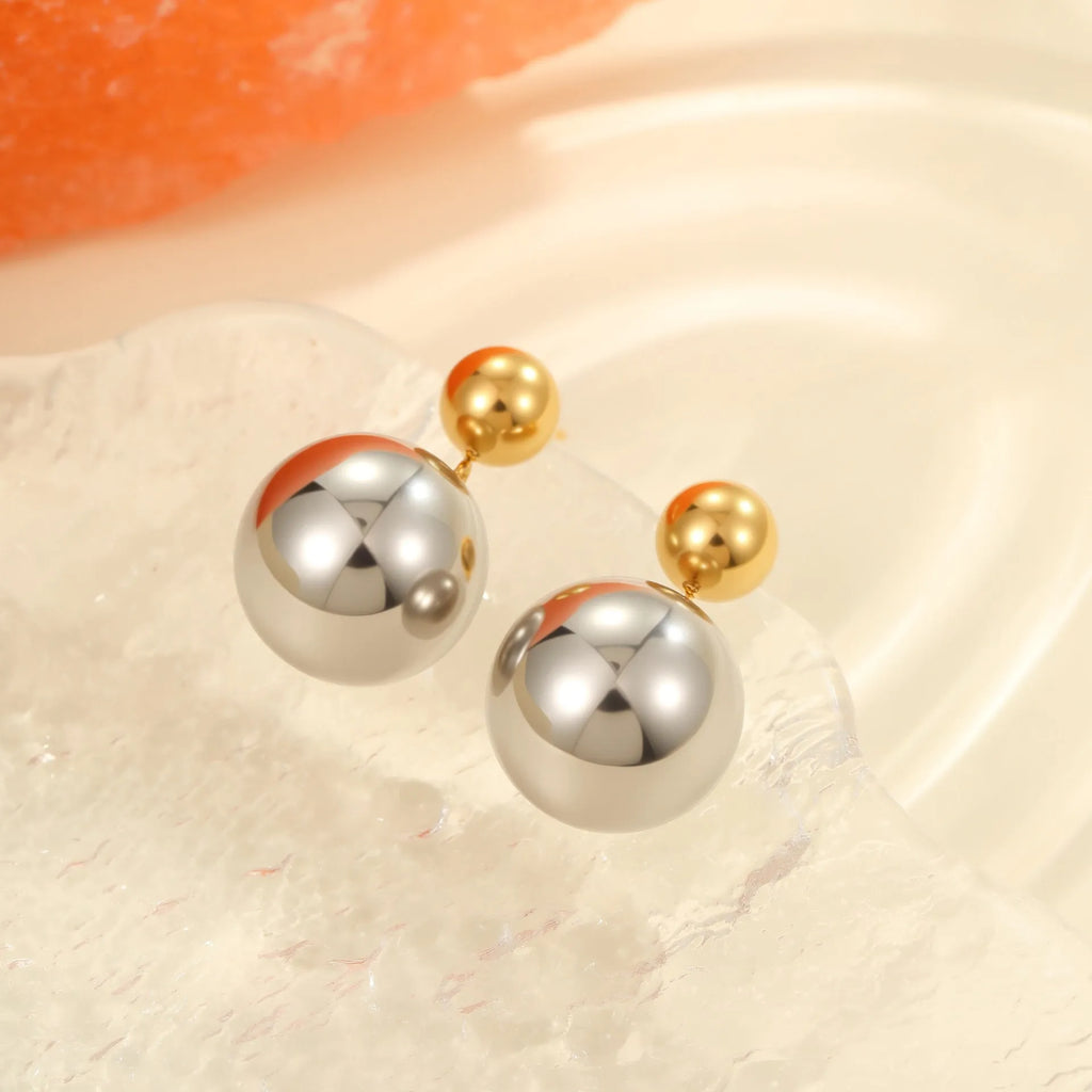 Round beads stainless steel color-block ear studs with 18K gold plated geometric sphere design for women