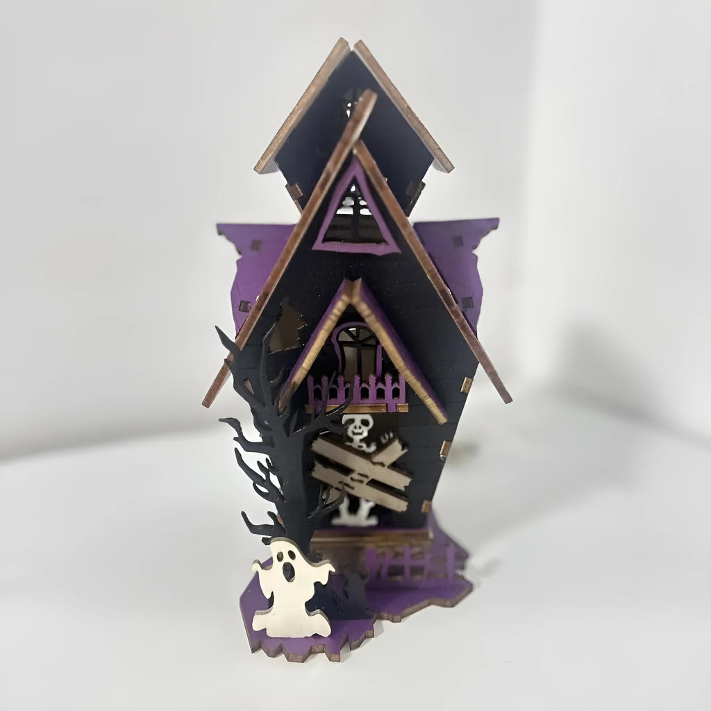 Halloween DIY wooden glowing haunted house table decoration measuring 14x10.5x19cm