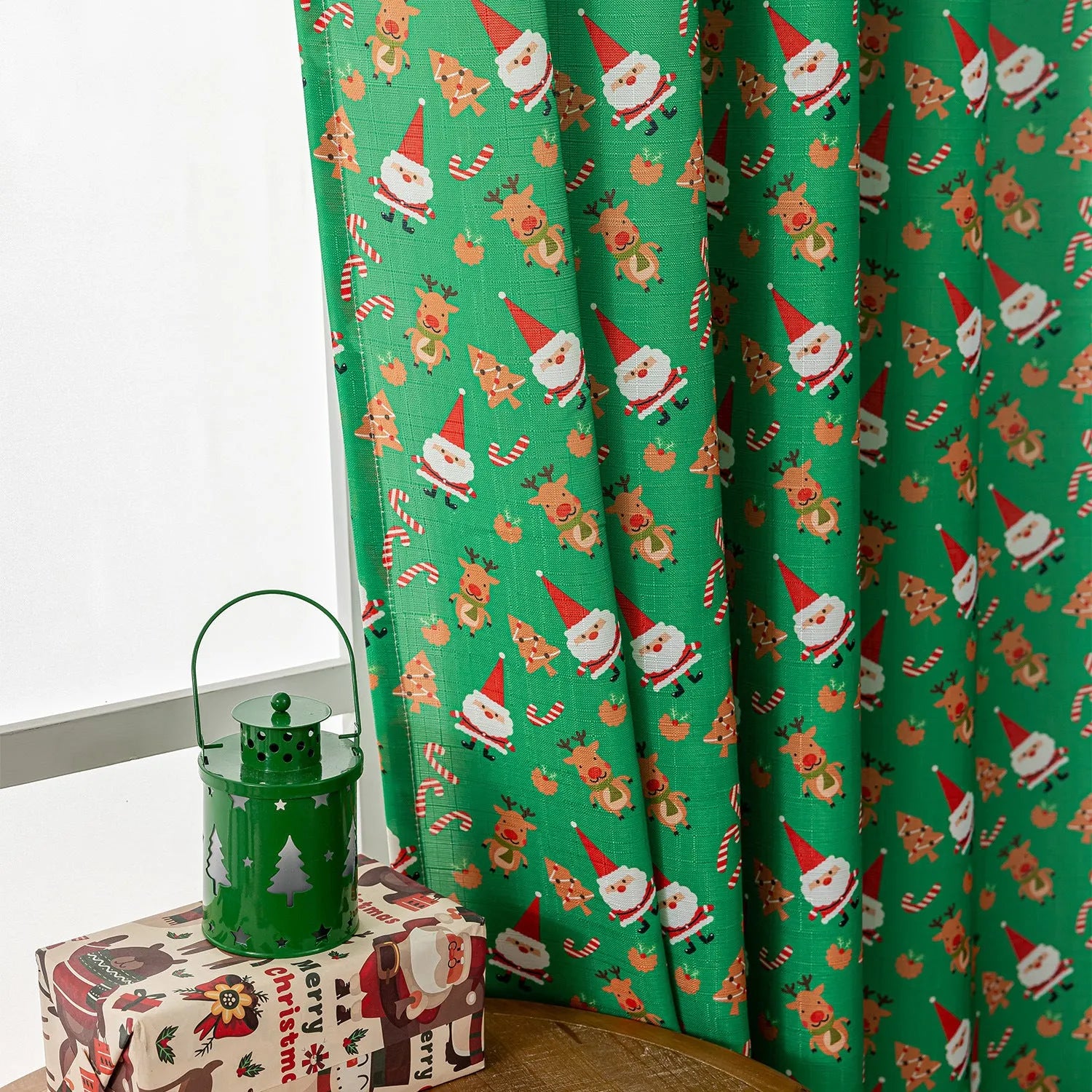 Green Christmas curtain with printed snowman and angel cartoon pattern for living room