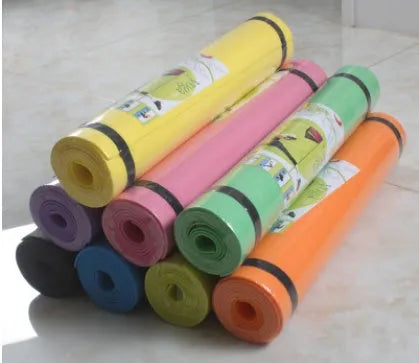 EVA fitness yoga mat in choice of 4mm or 6mm thickness, shown in blue colour with anti-skid texture.