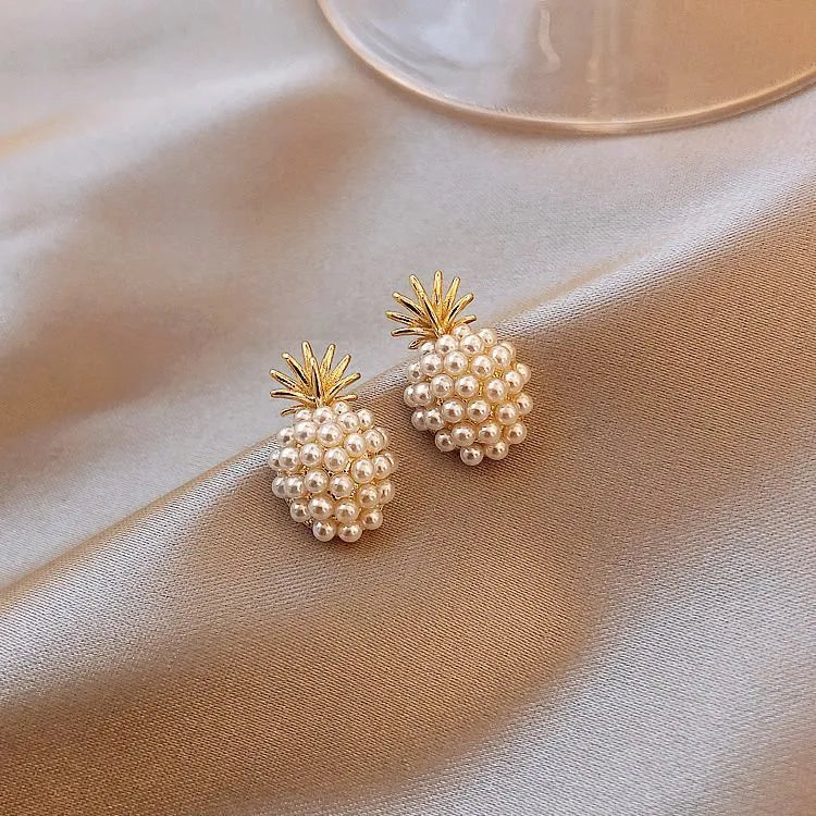 Korean style pineapple and starfish pearl design alloy earrings with electroplated finish and artificial gem inlay