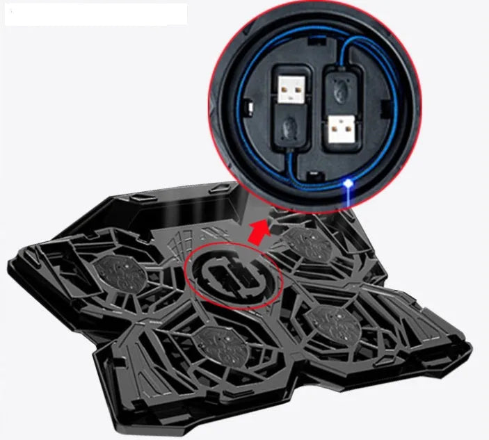 Blue computer cooling base with four LED fans and two control switches