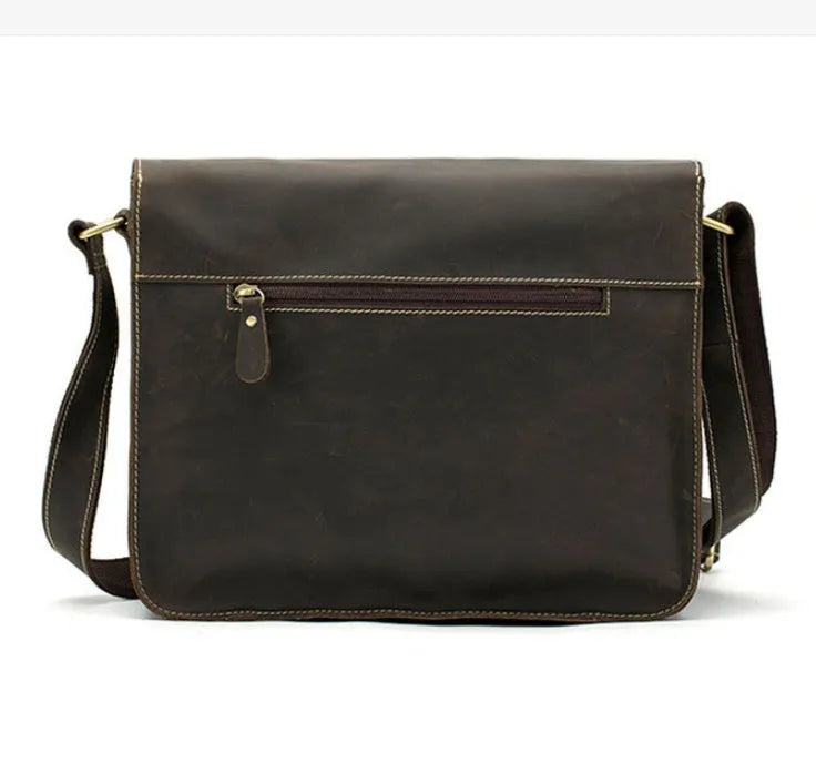 Genuine leather vintage messenger bag in brown with adjustable strap and flap closure