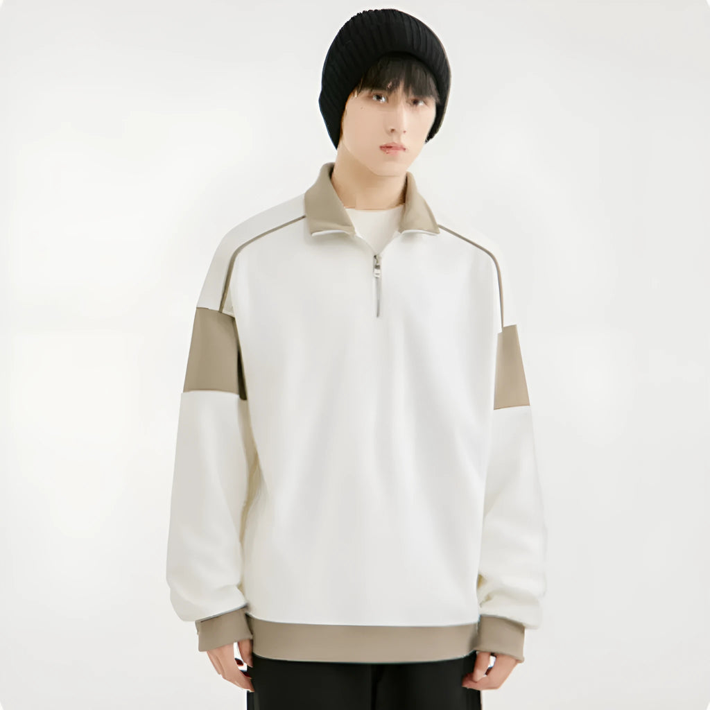 Men's black hooded corduroy sweater with drop shoulders and rabbit fur fabric on a hanger.