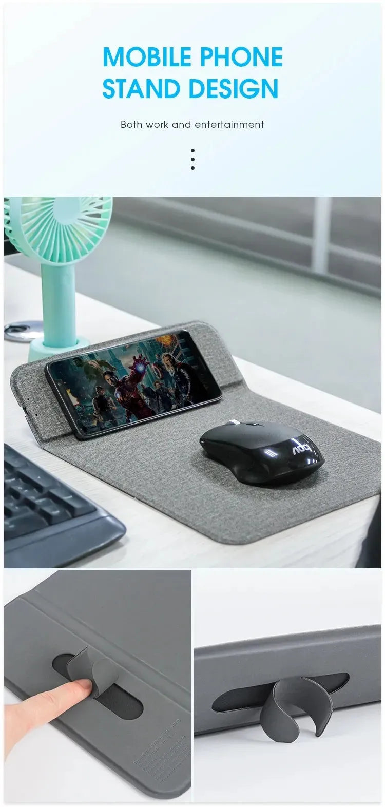 Foldable cloth wireless phone charging holder showing 10W fast charging capability